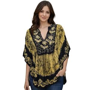 Omja vintage free size bat wing slub yellow black oriental shawl EUC modest +